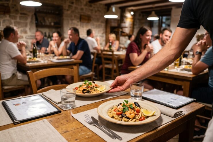 Traditional Dinner in a Local Restaurant Waiter serving pasta to guests in a cozy Italian tavern