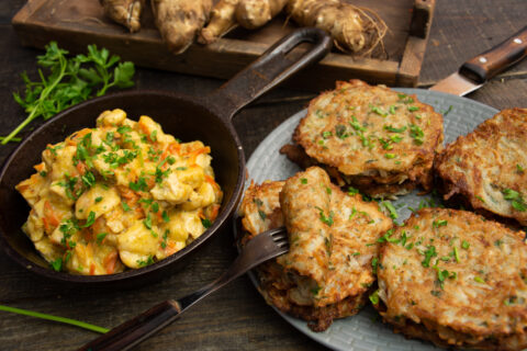 Jerusalem Artichoke Fritters with Chicken Ragout