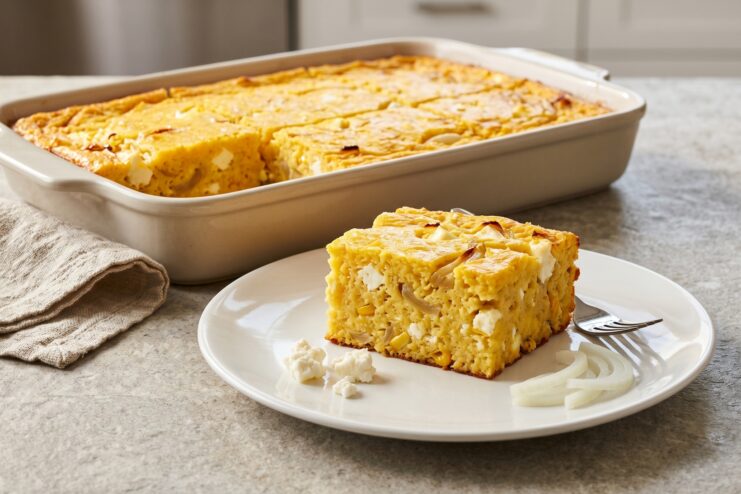 Sopa Paraguaya Pie Slices of traditional Paraguayan cornbread casserole Sopa Paraguaya on a serving plate.