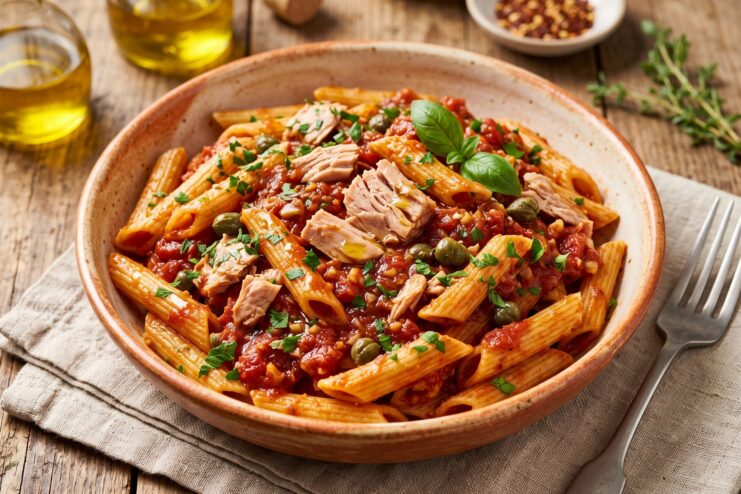 Penne pasta tossed with juicy tuna, tomato sauce, capers, and basil in a deep bowl