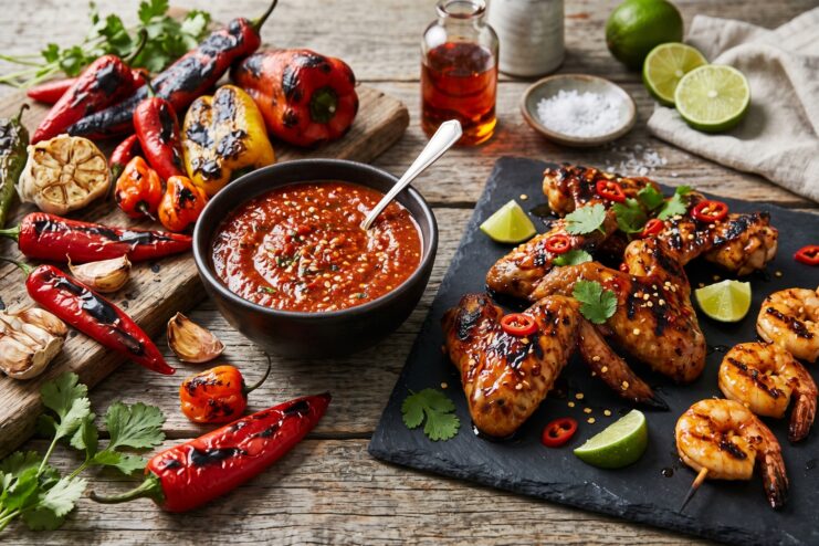 Bowl of spicy tomato and chili pepper sauce served with grilled chicken wings, shrimp, and charred peppers.