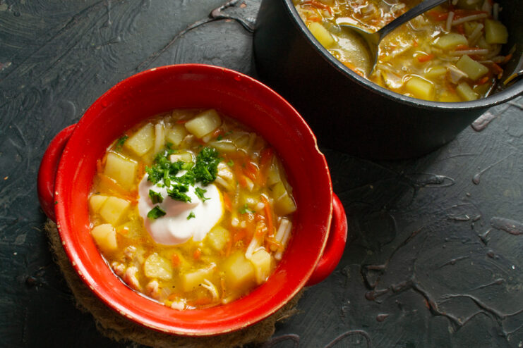 Serving the quick soup Serving quick meat soup in a red bowl garnished with sour cream and fresh herbs.