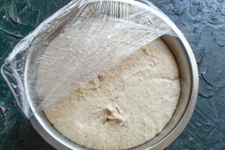 Risen Dough Risen wheat dough in a mixing bowl after a two-hour proof.