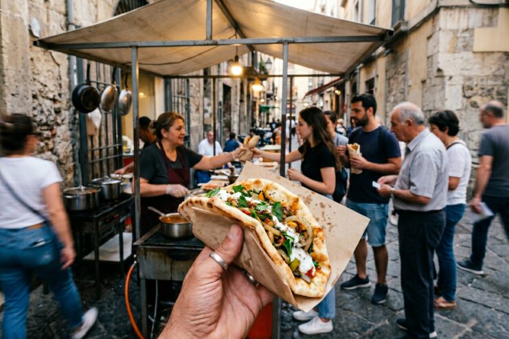 Local Street Food on the Go Customer holding a stuffed flatbread in front of a food truck in Europe