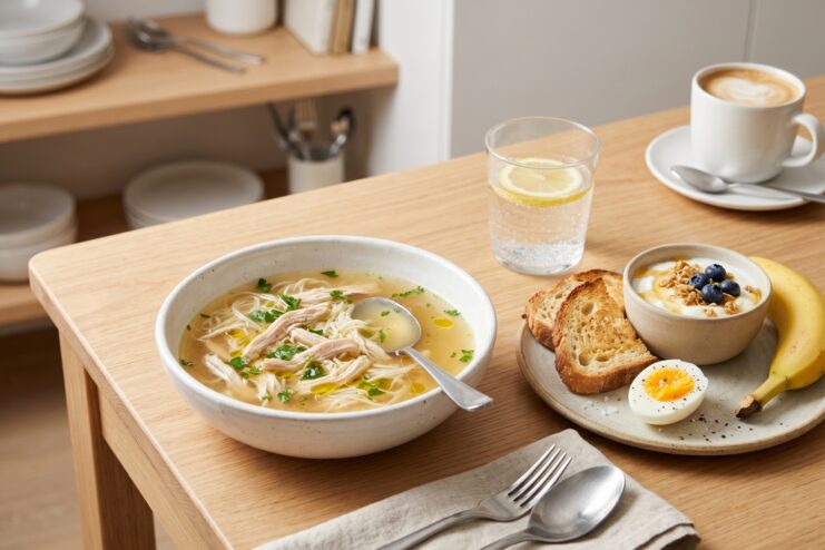 A healthy hangover breakfast featuring chicken soup, an egg, toast, and lemon water.