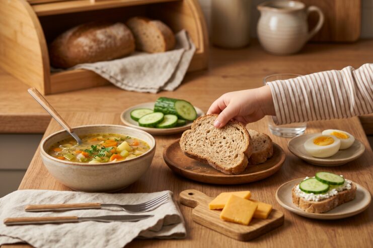 Balanced Meal With Bread Balanced child's lunch featuring vegetable soup, boiled egg, cheese slices, and bread.