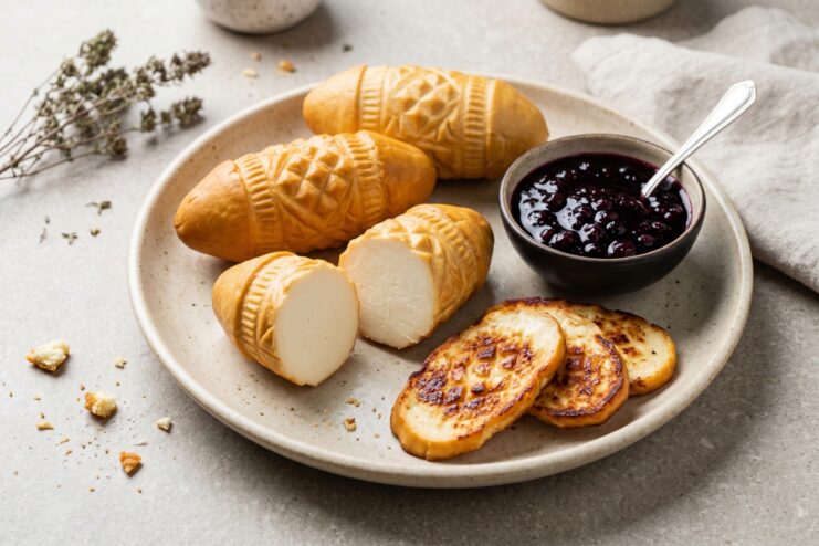 Smoked Oscypek Cheese Grilled Polish smoked Oscypek cheese served alongside a dollop of lingonberry jam.