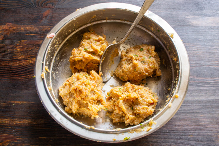 Dividing into portions Portions of ground chicken mixture in a bowl