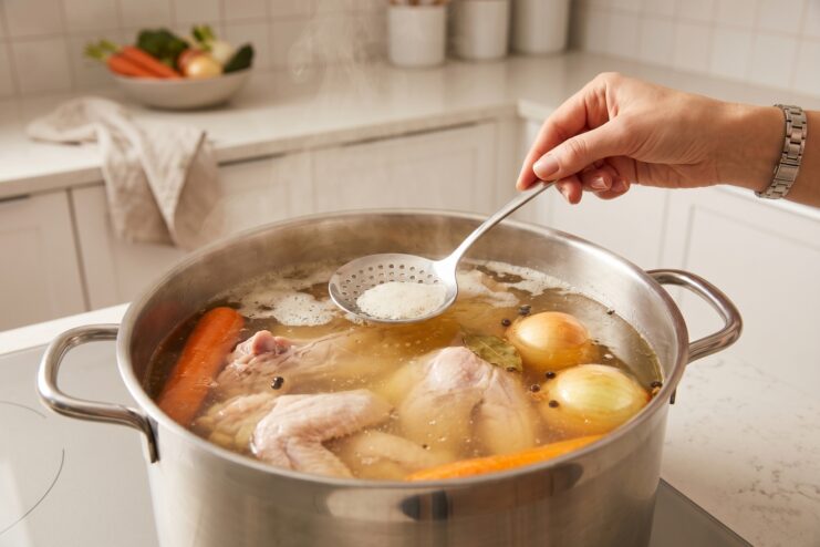 A chef uses a stainless steel skimmer to carefully remove white foam from the surface of a simmering pot