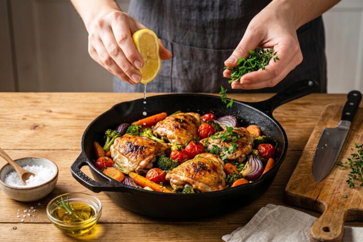 Balance of acidity and freshness Chef squeezing lemon and sprinkling fresh herbs over a cooked skillet meal