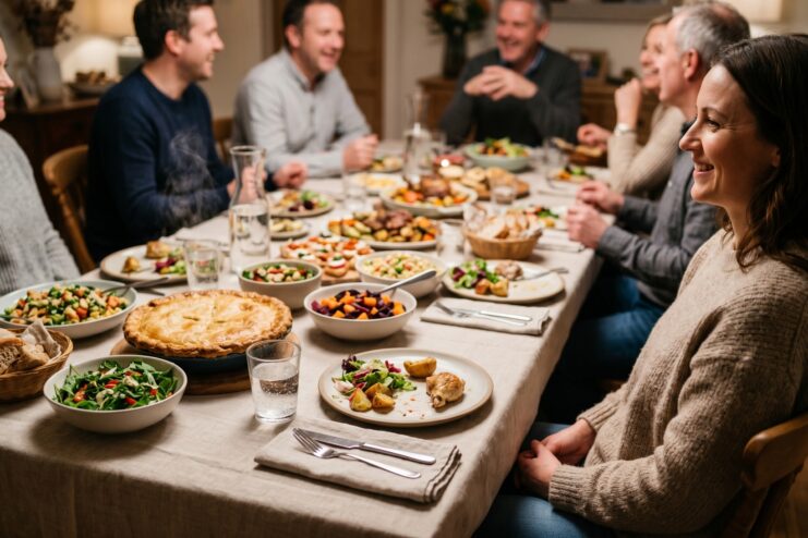 Guests at a Festive Table Festive feast with guests at a large table featuring various dishes and a pie.