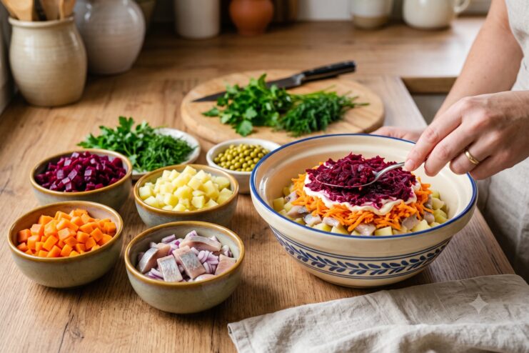 Prepped Salad Ingredients Preparation of a Shuba layered salad with ingredients displayed in separate bowls.