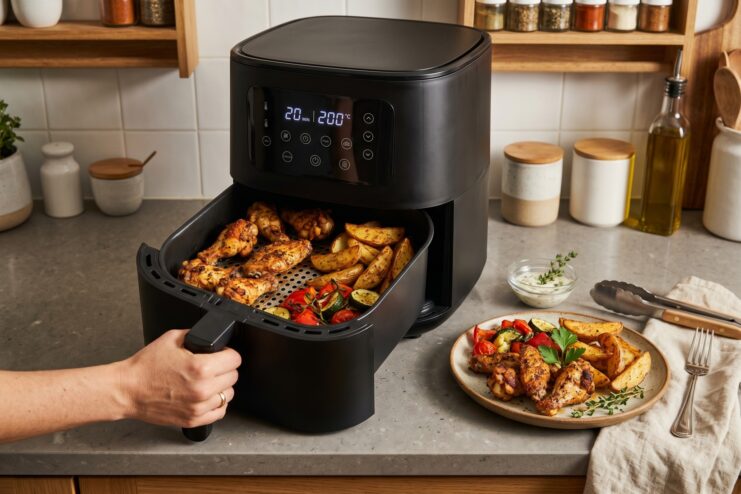 Cooked chicken wings and potatoes in an air fryer basket