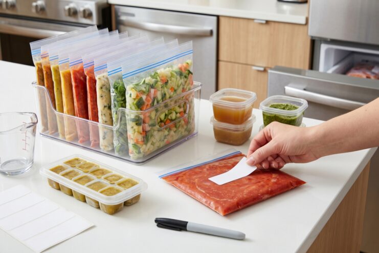Labeling and Packaging Frozen Foods Person writing on a label for a flat freezer bag containing sauce next to food storage containers.