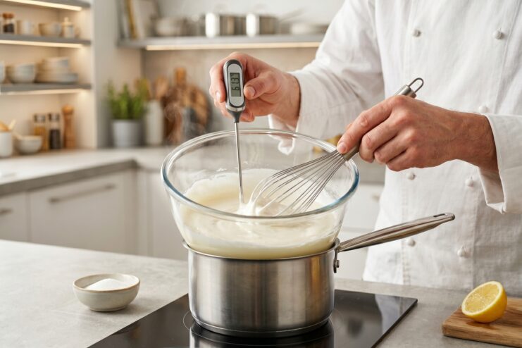 Preparation of Swiss meringue over a double boiler Heating egg whites and sugar over a double boiler while checking the temperature with a culinary thermometer.