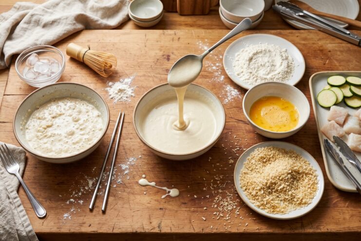 Preparing Different Types of Frying Coatings Bowls showcasing the preparation process for wet batter, tempura, and dry breading stations