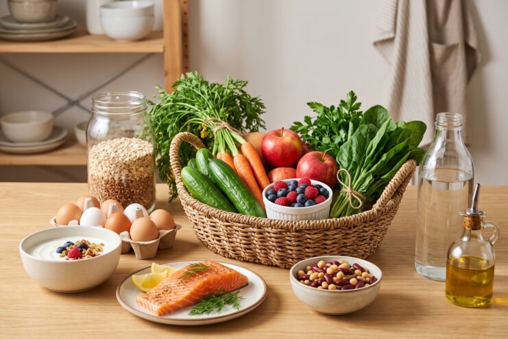 Grocery basket on a table containing salmon, eggs, vegetables, leafy greens, berries, and oatmeal