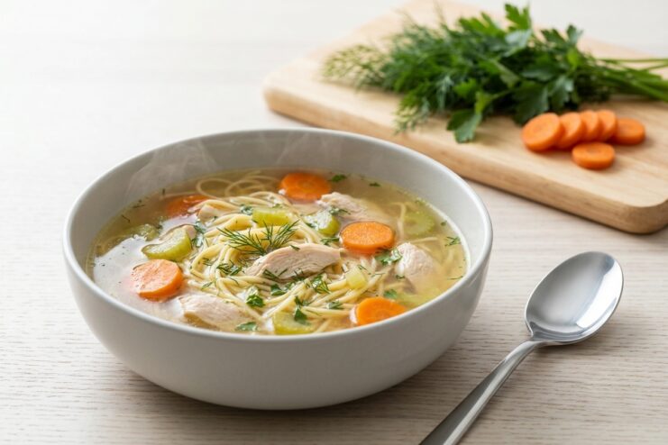 Classic Chicken Noodle Soup Without Sautéing Clear chicken noodle soup with carrots and fresh herbs served in a deep white bowl.