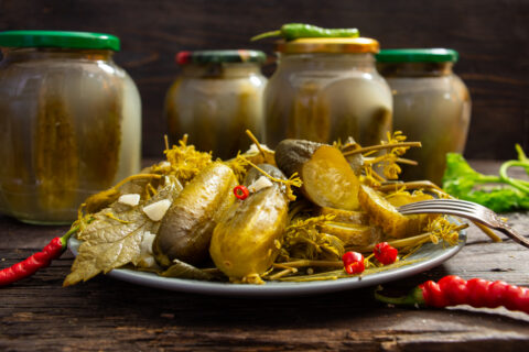 Spicy Fermented Pickles with Carrot Greens