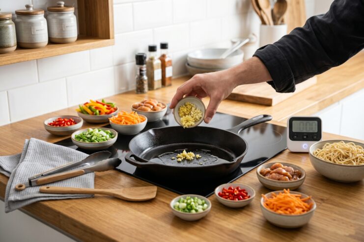 Organization and timing in the kitchen Organized chef workspace featuring a timer, skillet, and prepped ingredients in bowls