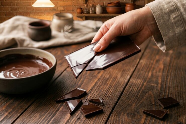 Perfectly Tempered Chocolate Result Breaking a bar of glossy tempered chocolate with a clean snap