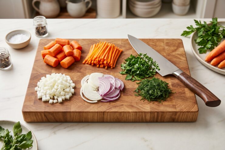 Ingredient chopping techniques Assortment of chopped onions, carrots, and fresh herbs on a cutting board