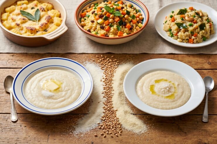 Various Dishes Showcasing Semolina And Manka Assortment of diverse dishes featuring manka and semolina displayed together on a dining table