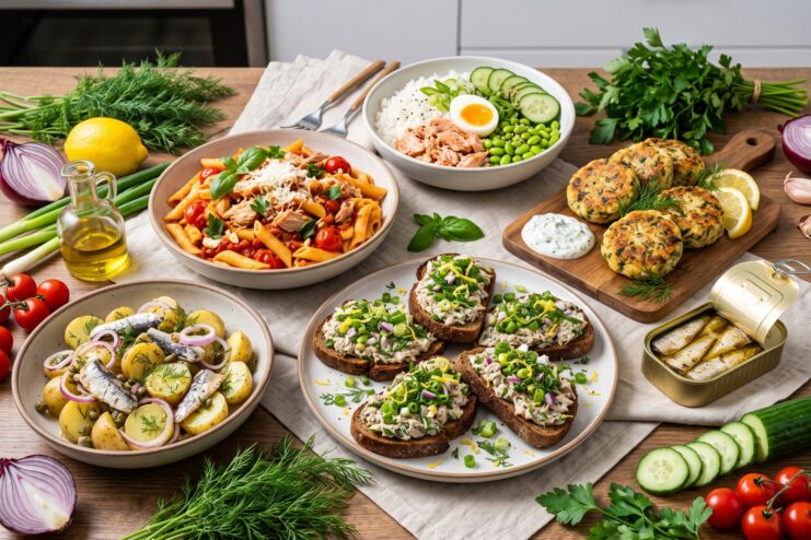 Various appetizing dishes made from canned fish arranged on a wooden table