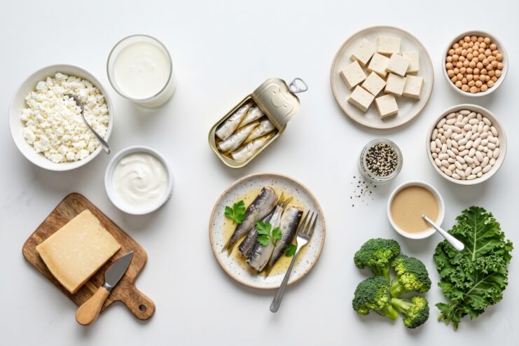 Primary Dietary Sources of Calcium Variety of calcium sources including dairy products, sardines, tofu, beans, chickpeas, leafy greens, and tahini on a white background.
