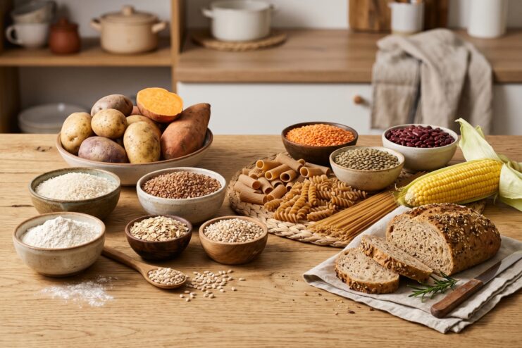 Primary Sources of Starch Various starchy foods including bread, pasta, potatoes, grains, and legumes arranged on a table.