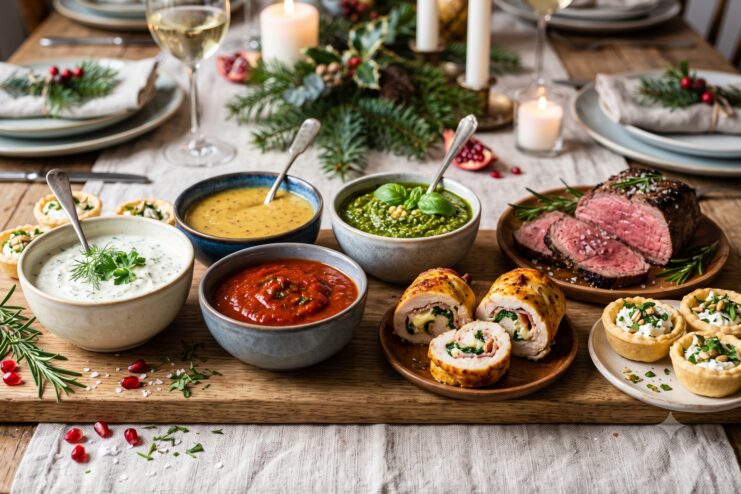 Sauces for Meat and Fish Assortment of vibrant sauces served in small bowls on a festive holiday table.