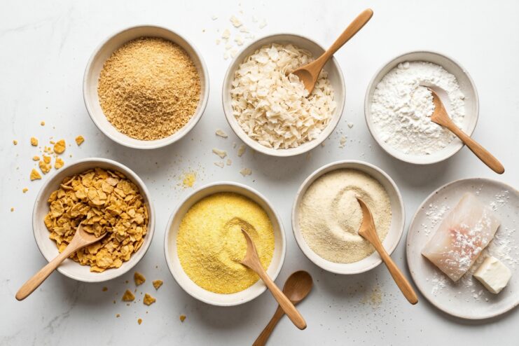 Dry Ingredients for Breading Various breading options including panko breadcrumbs, flour, starch, and semolina arranged in bowls