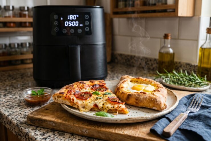 Reheated pizza and khachapuri on a plate next to an air fryer