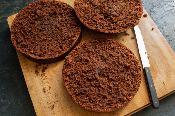 Slicing the Cake Layers Chocolate sponge cut into three even layers