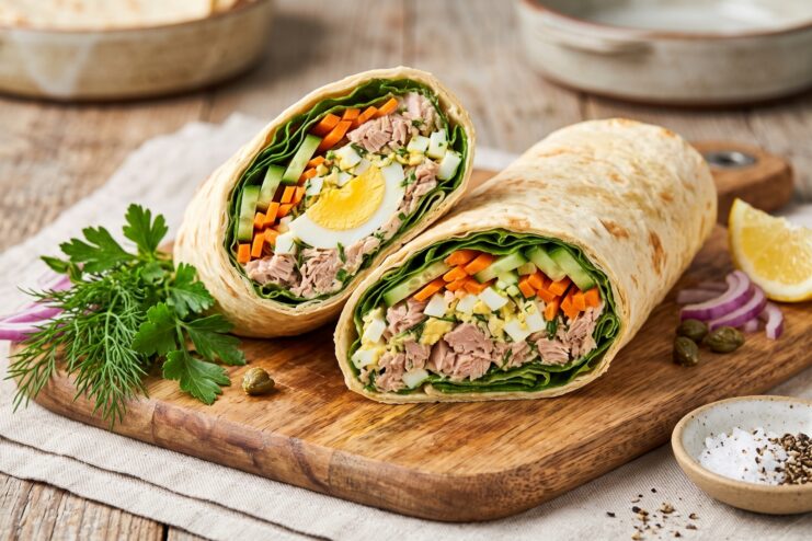 Sliced flatbread roll filled with a mixture of tuna, egg, cucumber, and carrots