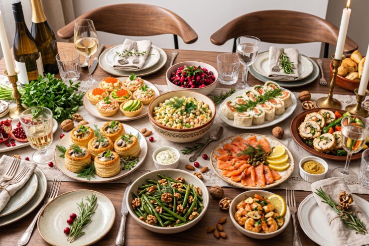Holiday Table With Appetizers Luxurious holiday table featuring a variety of appetizers, salads, and drinks.