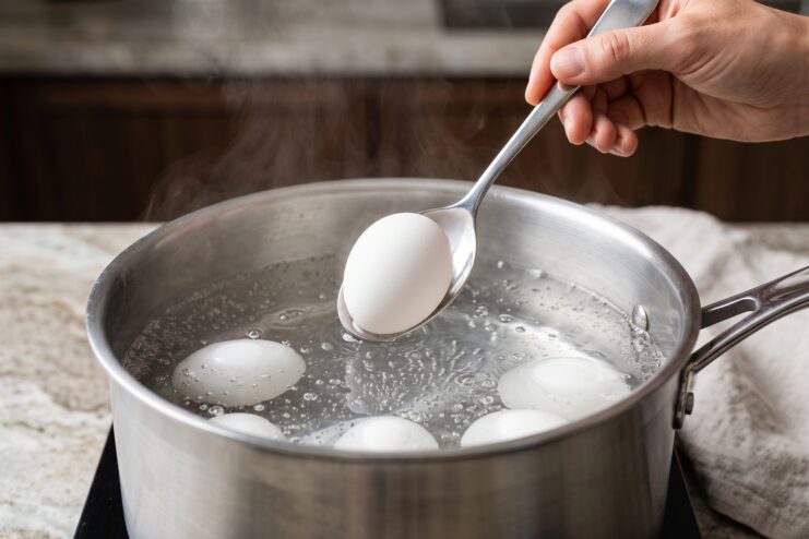 Lowering an Egg Into Boiling Water A hand gently lowering a white egg into a pot of simmering water using a spoon.
