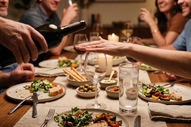 Declining Alcohol at the Table Hand covering a glass with a palm as a sign of refusing alcohol during a feast.