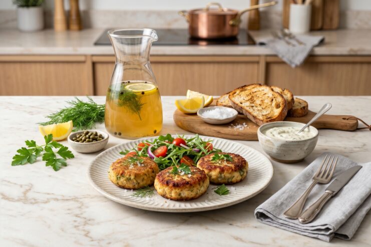 Zero-Waste Whole Fish Dishes Plated fish cakes with a side salad next to a glass carafe filled with clear fish broth