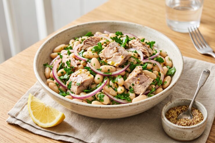 White bean salad with canned mackerel, sliced red onions, and fresh parsley