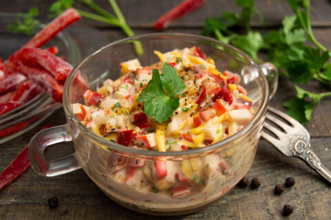 Crab Stick Salad with Cheese and Frozen Bell Pepper