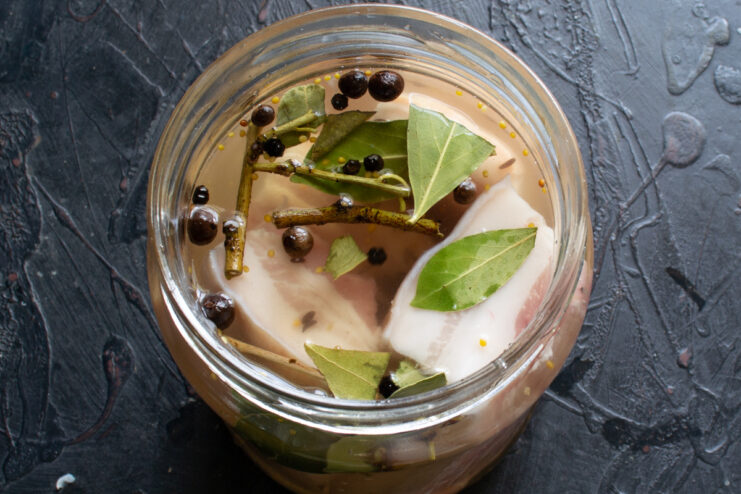 Curing salo in the jar Glass jar filled with salo completely submerged in aromatic spice brine