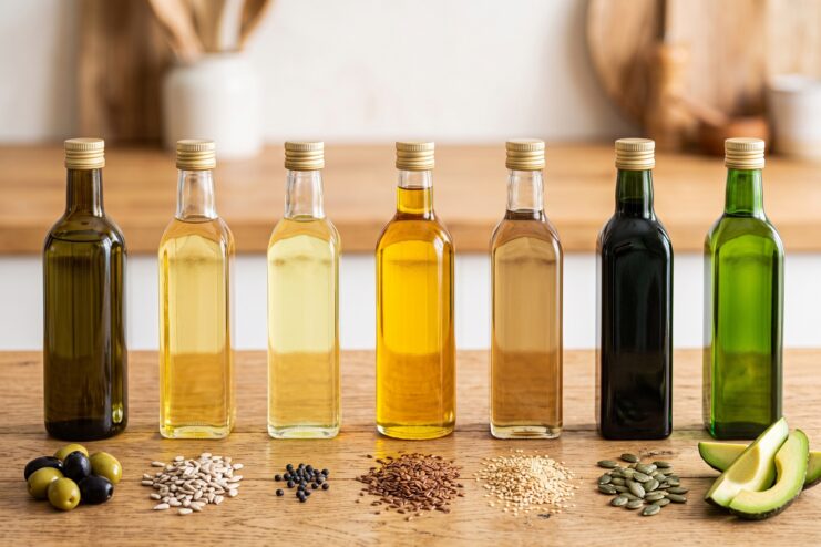Seven different plant oils displayed in glass bottles alongside their raw seeds and fruits on a rustic wooden table.
