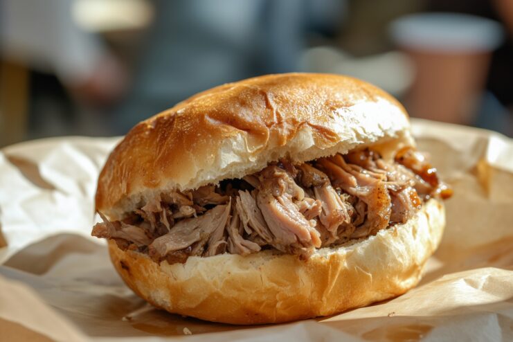 Traditional Portuguese Bifana sandwich featuring marinated pork piled inside a soft bread roll