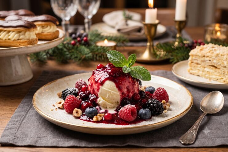 Quick Holiday Desserts Scoop of ice cream with berry sauce, eclairs, and a Napoleon cake with candles.
