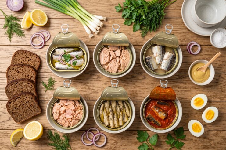 Six open tins featuring different types of canned fish on a wooden surface with herbs and lemon