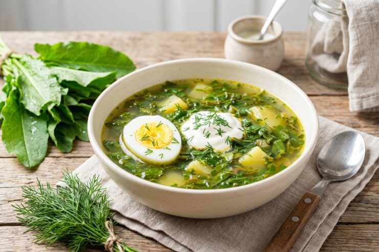 Spring Sorrel Soup With Egg and Sour Cream Sorrel soup with potatoes, half a boiled egg, and sour cream served in a deep bowl.