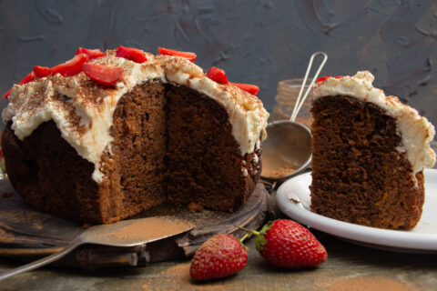 Chocolate Cake with Whipped Cream and Strawberries
