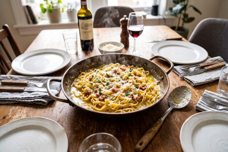 Skillet with hot carbonara pasta placed in the center of a dining table