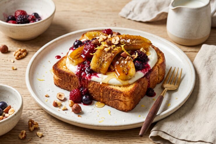 Sweet toast with banana and berries Sweet brioche toast with cream, caramelized bananas, fresh berries, and walnuts